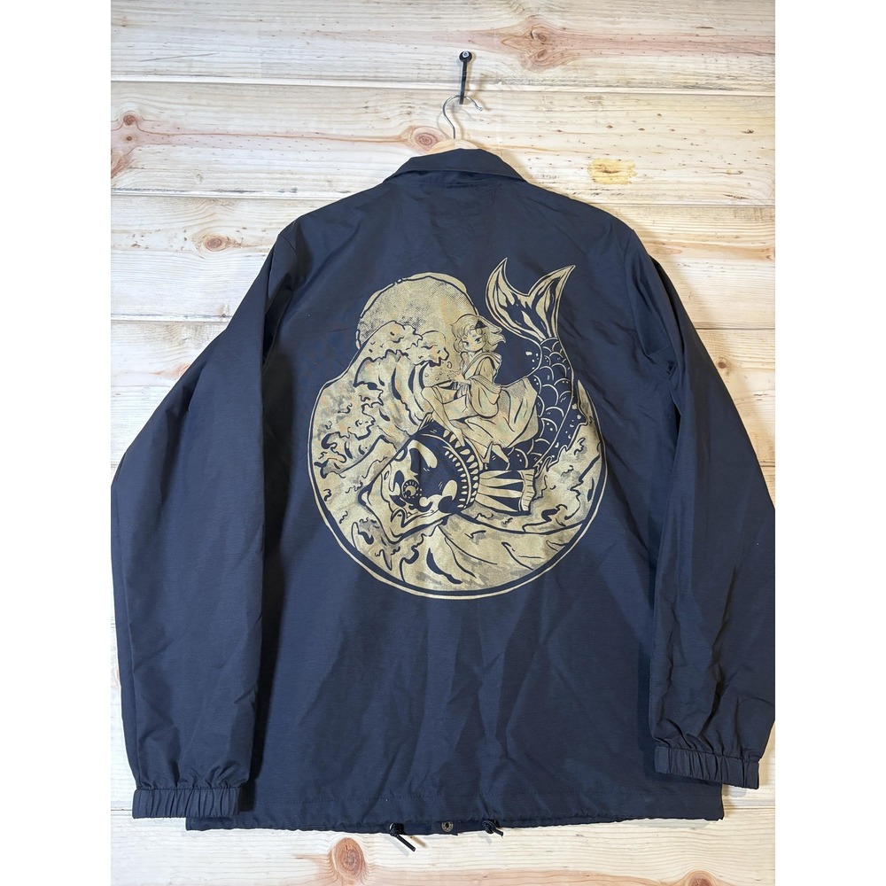 Apari Coach Jacket Mens Small Black Graphic Mermaid Koi Back Print EXP99CNB - Picture 2 of 15